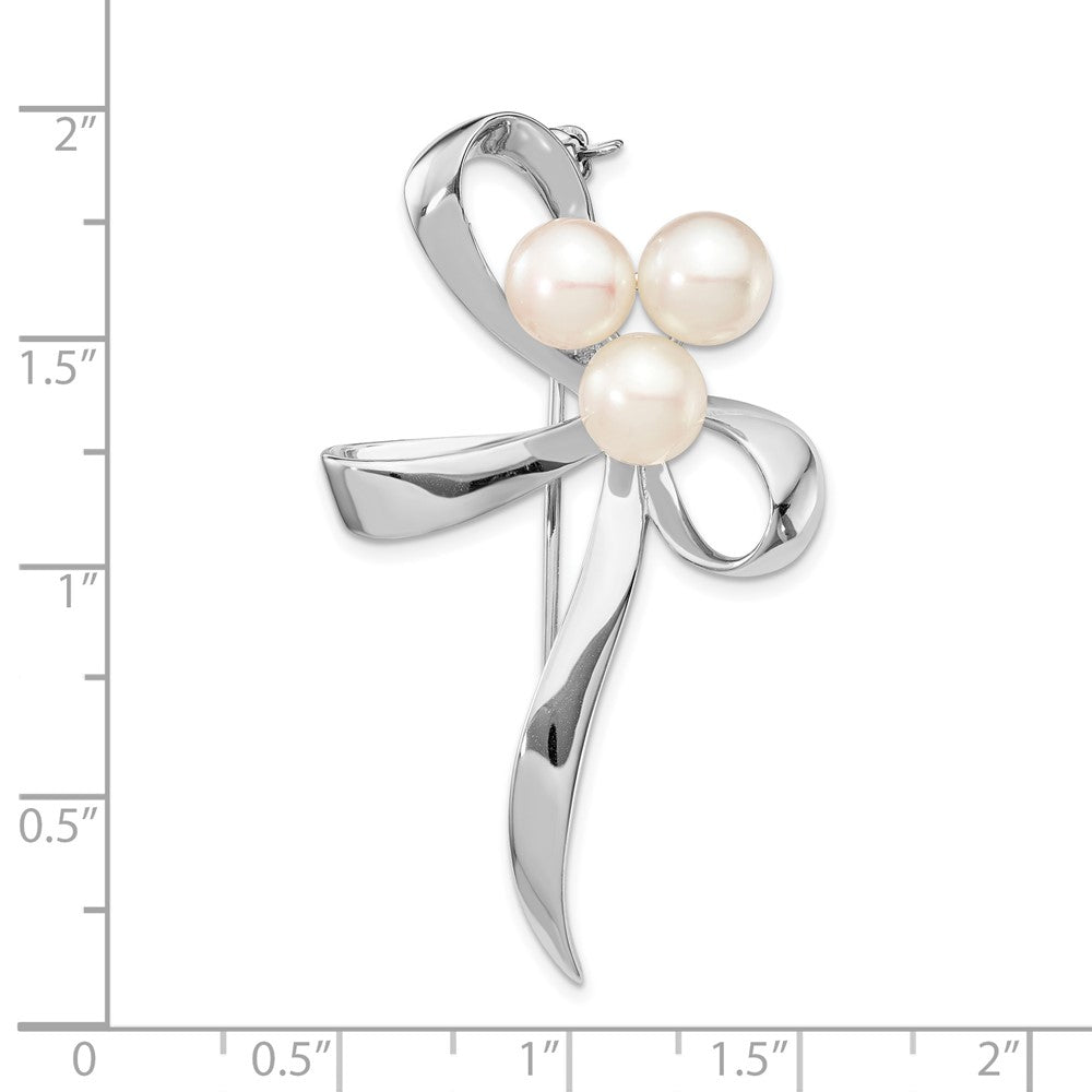 Sterling Silver Rhodium-plated 7-8mm White Button Freshwater Cultured Pearl Bow Brooch
