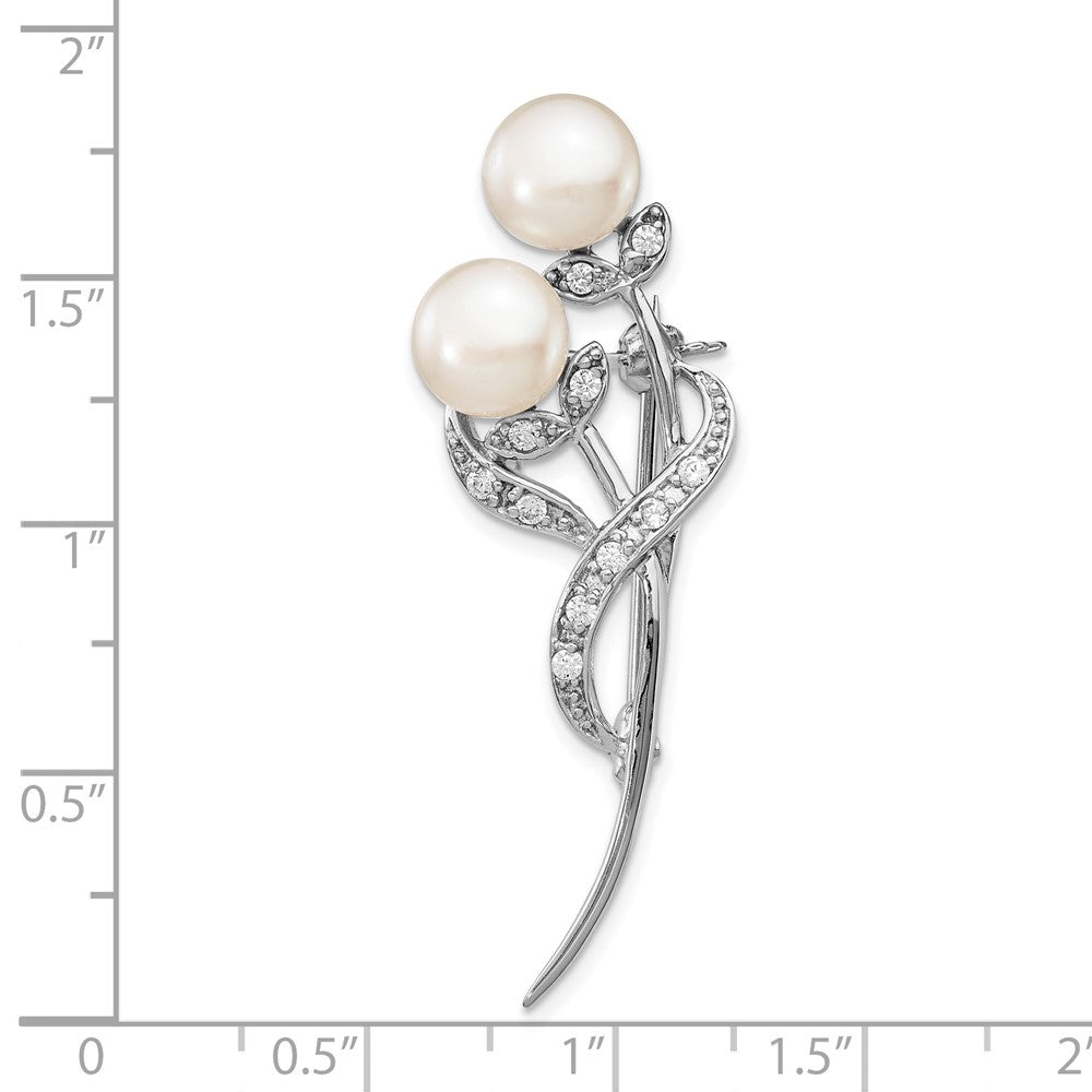 Sterling Silver Rhodium-plated 7-8mm White Button Freshwater Cultured Pearl and CZ Brooch