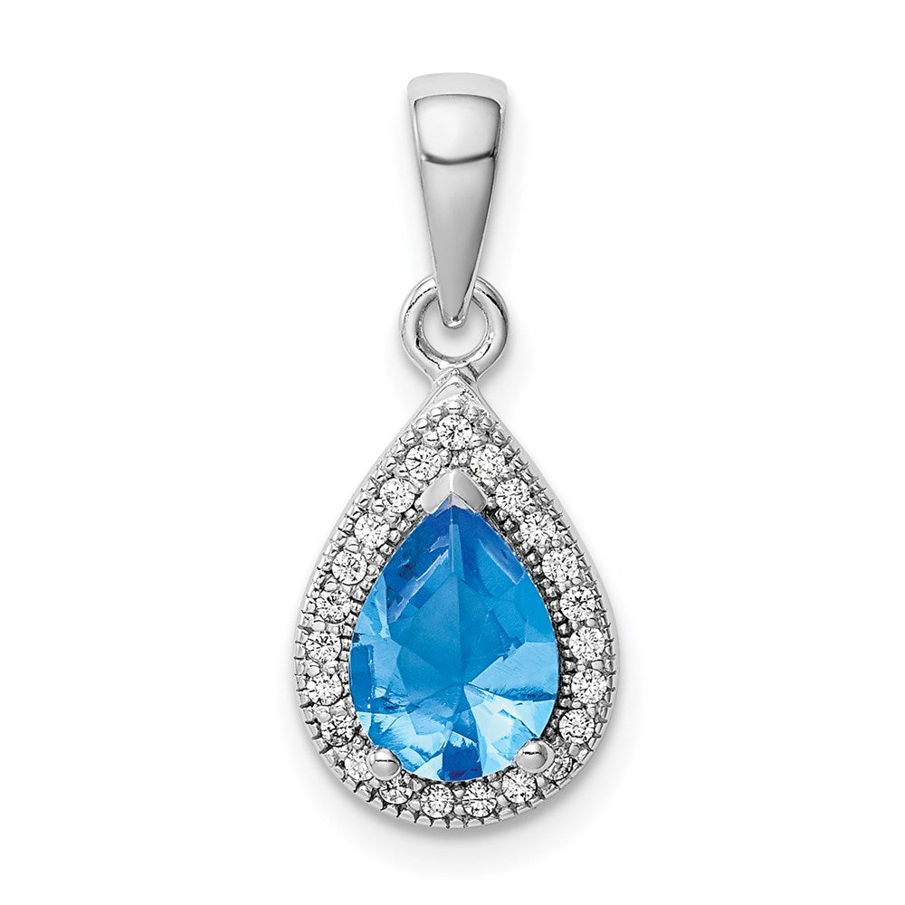 Sterling Silver Rhodium Plated Blue and Clear CZ Pendant
