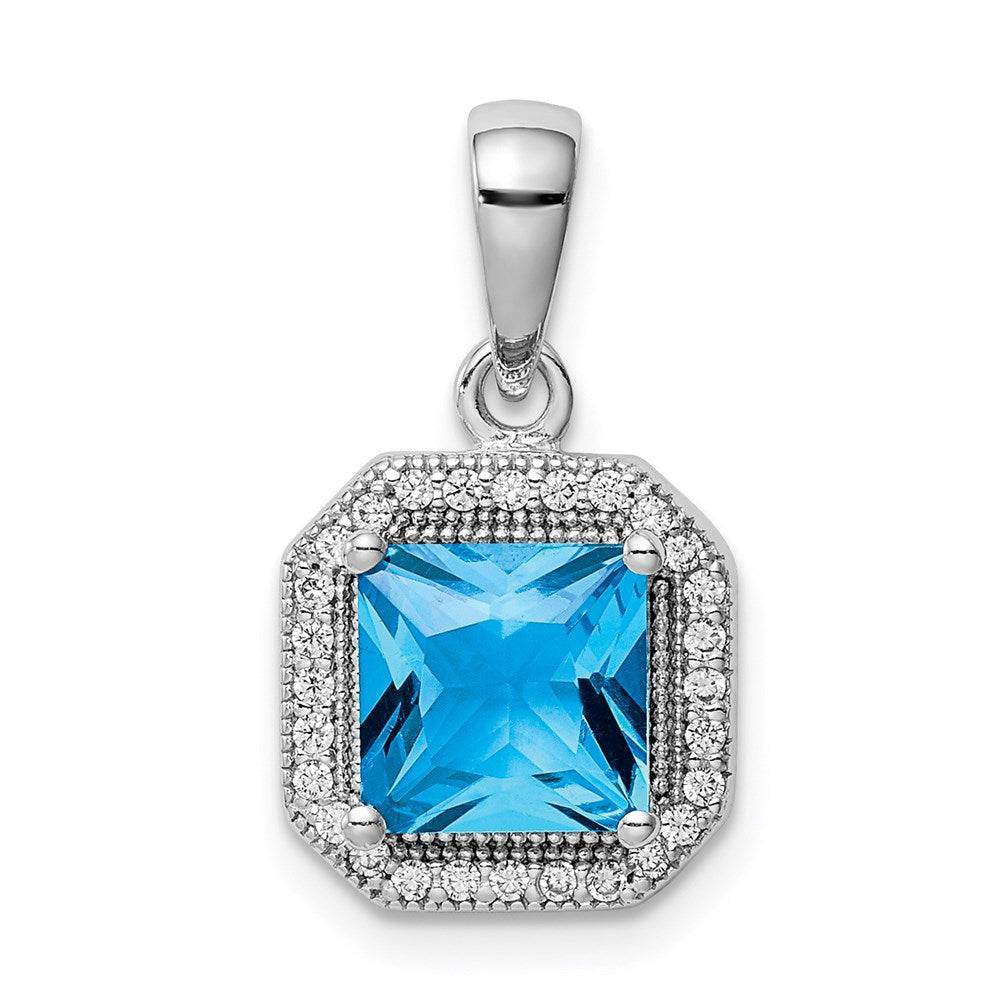 Sterling Silver Rhodium Plated Clear CZ and Square Blue CZ Pendant