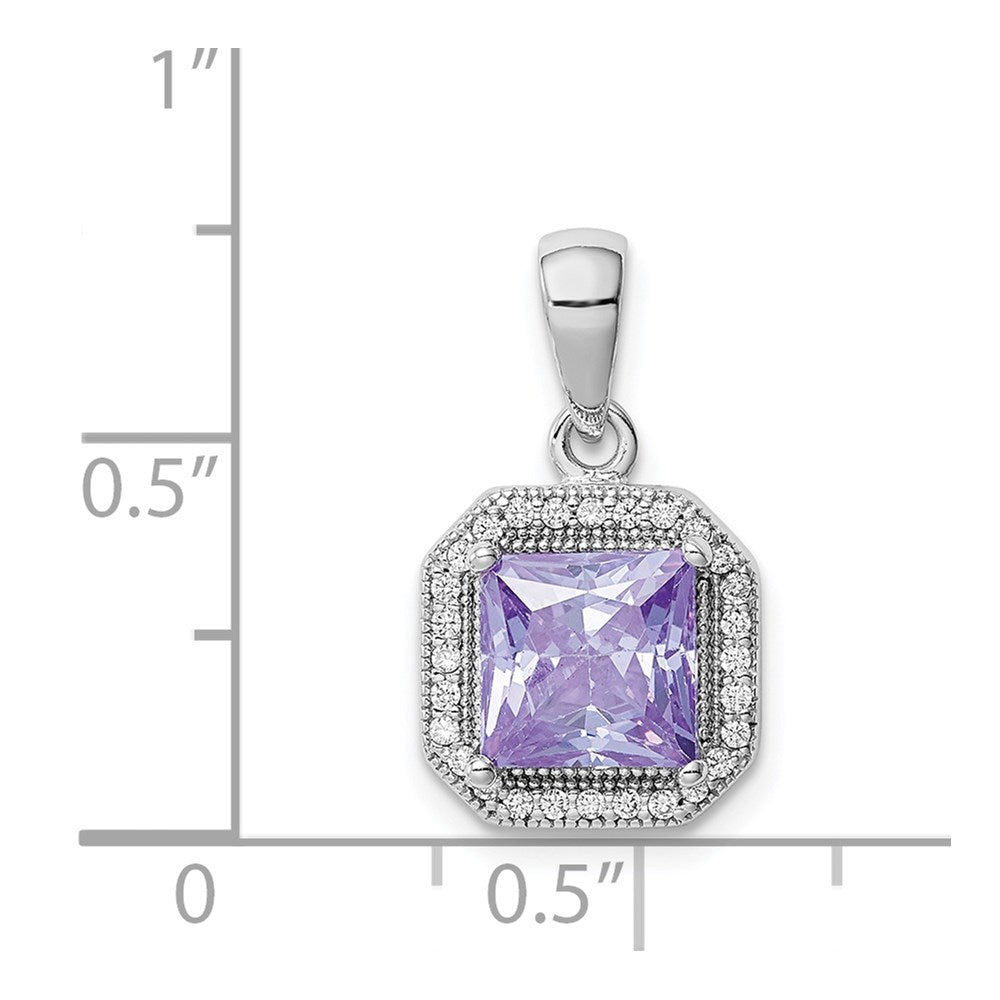 Sterling Silver Rhodium Plated Clear CZ and Square Light Purple CZ Pendant