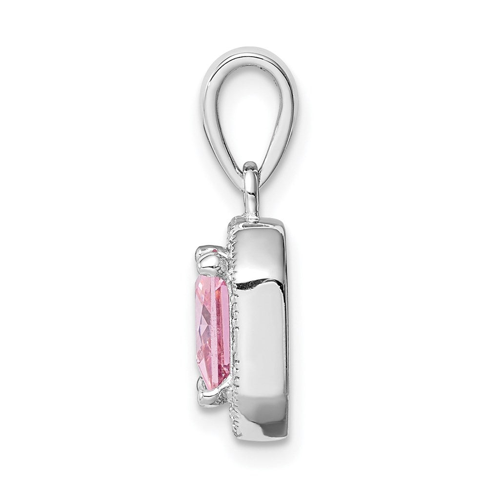 Sterling Silver Rhodium Plated Clear CZ and Square Pink CZ Pendant
