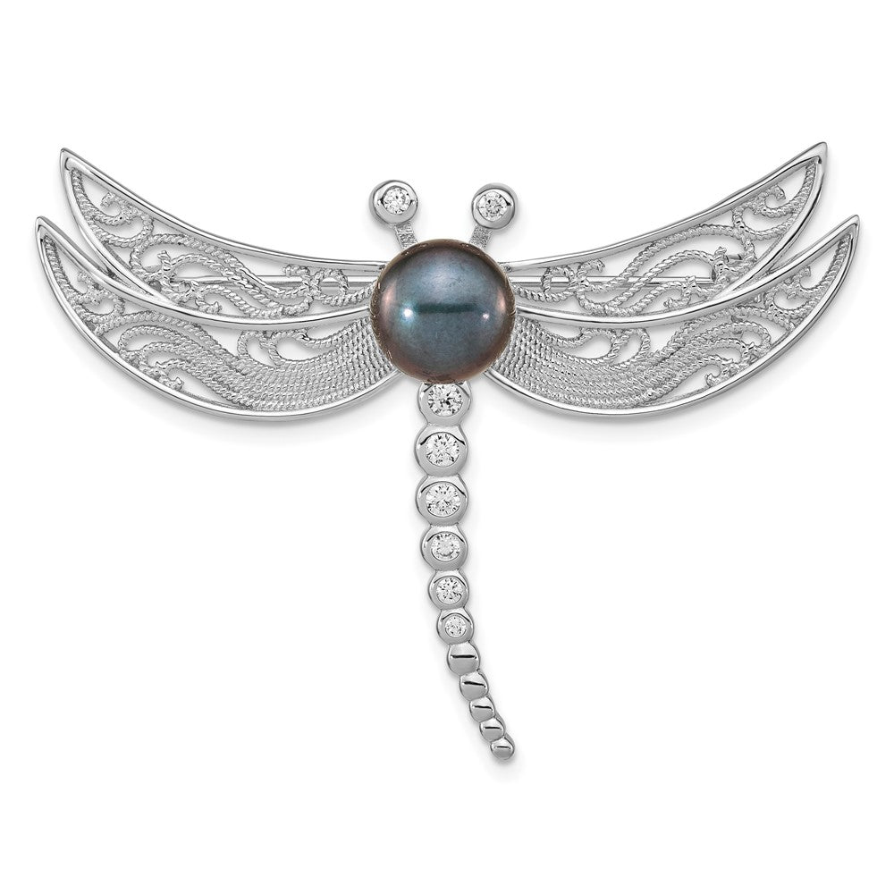 Sterling Silver Rhodium-plated 8-9mm Black Button Freshwater Cultured Pearl and CZ Dragonfly Brooch