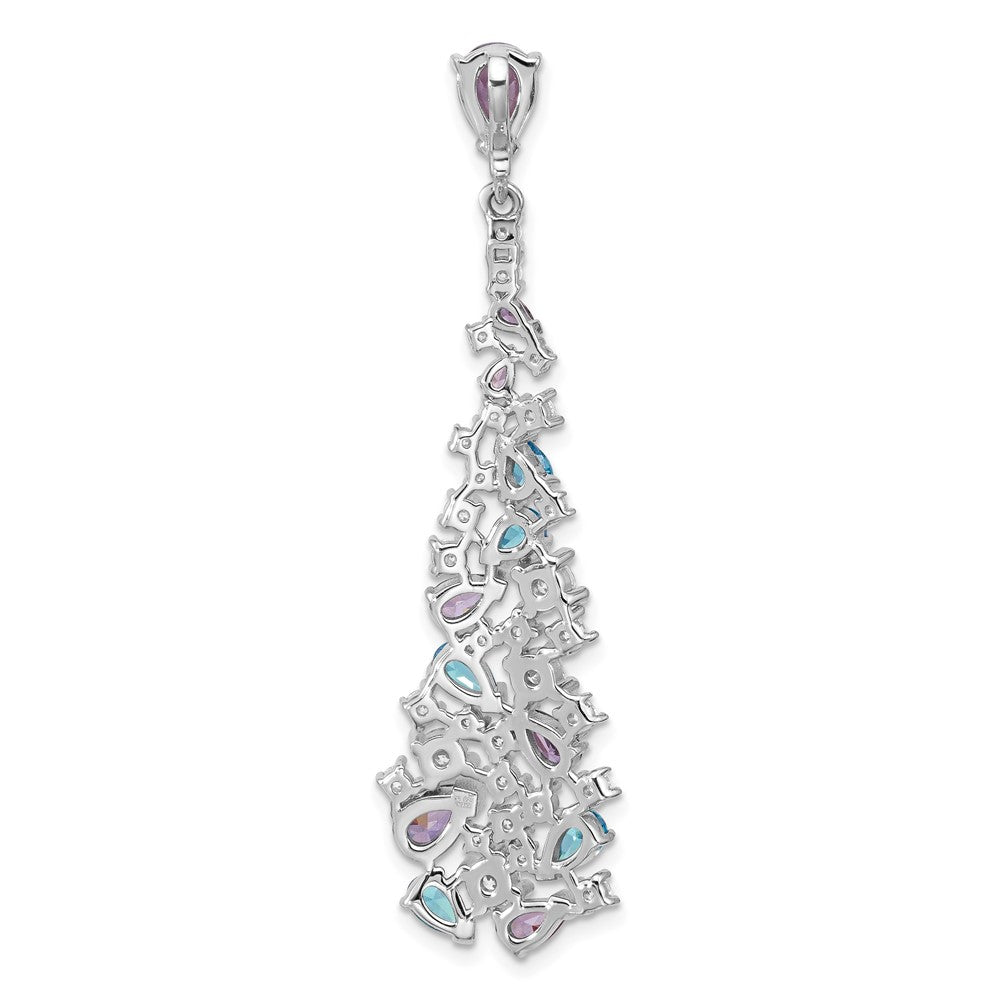 Sterling Silver Rh-plated Polished White/Blue/Purple CZ Teardrop Pendant