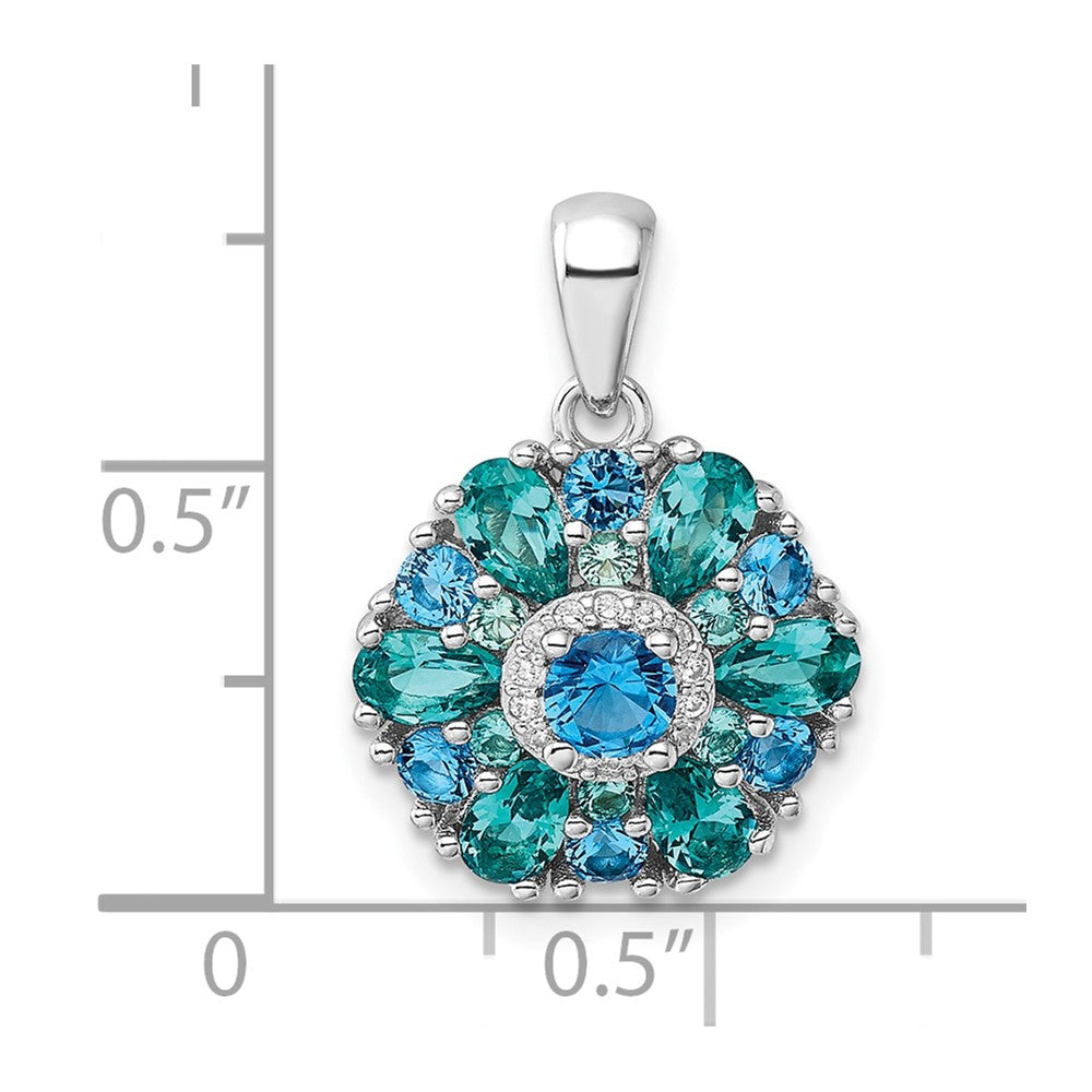 Sterling Silver Rhodium-plated Blue/Green Nano Crystal & CZ Floral Pendant