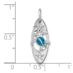 Sterling Silver Rhodium-plated Polished Blue Enamel Turtle Surfboard Pendant - 2