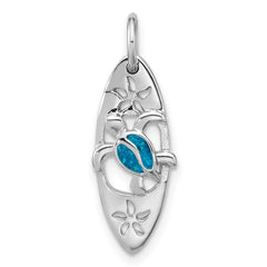 Sterling Silver Rhodium-plated Polished Blue Enamel Turtle Surfboard Pendant - 2