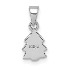Sterling Silver Rhodium-plated Children's Green Enamel Christmas Tree with Hearts Pendant