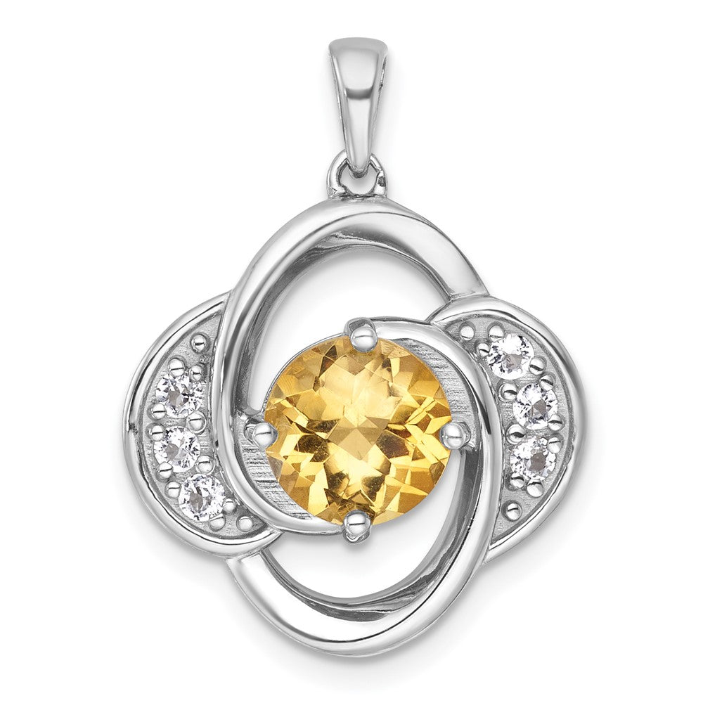 Sterling Silver Rhodium-plated Polished Checker-cut Round Citrine and White Topaz Pendant