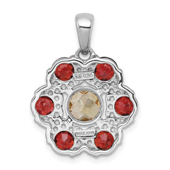 Sterling Silver Rhodium-plated Polished Citrine and Garnet Flower Pendant