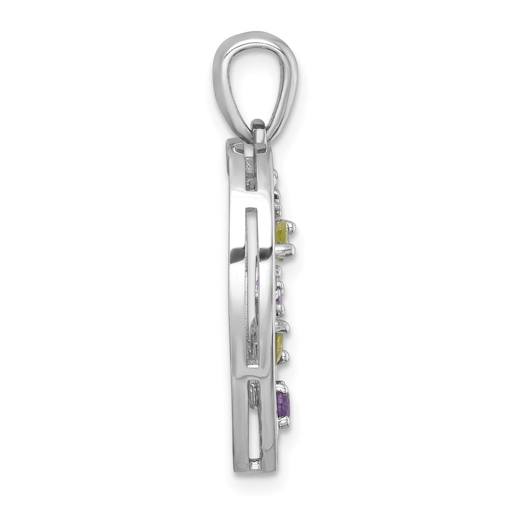 Sterling Silver Rhodium-plated Polished Amethyst and Peridot Flowers in Heart Pendant