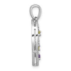 Sterling Silver Rhodium-plated Polished Amethyst and Peridot Flowers in Heart Pendant