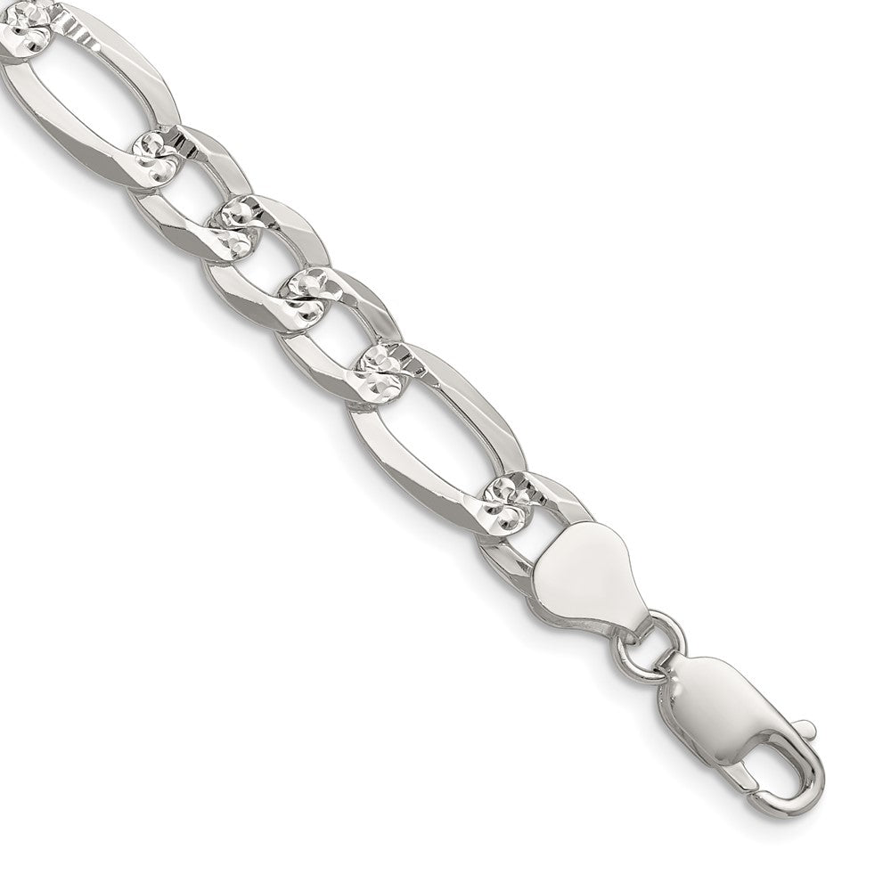 Sterling Silver 8.0mm Flat D/C Pave Figaro Chain - 7