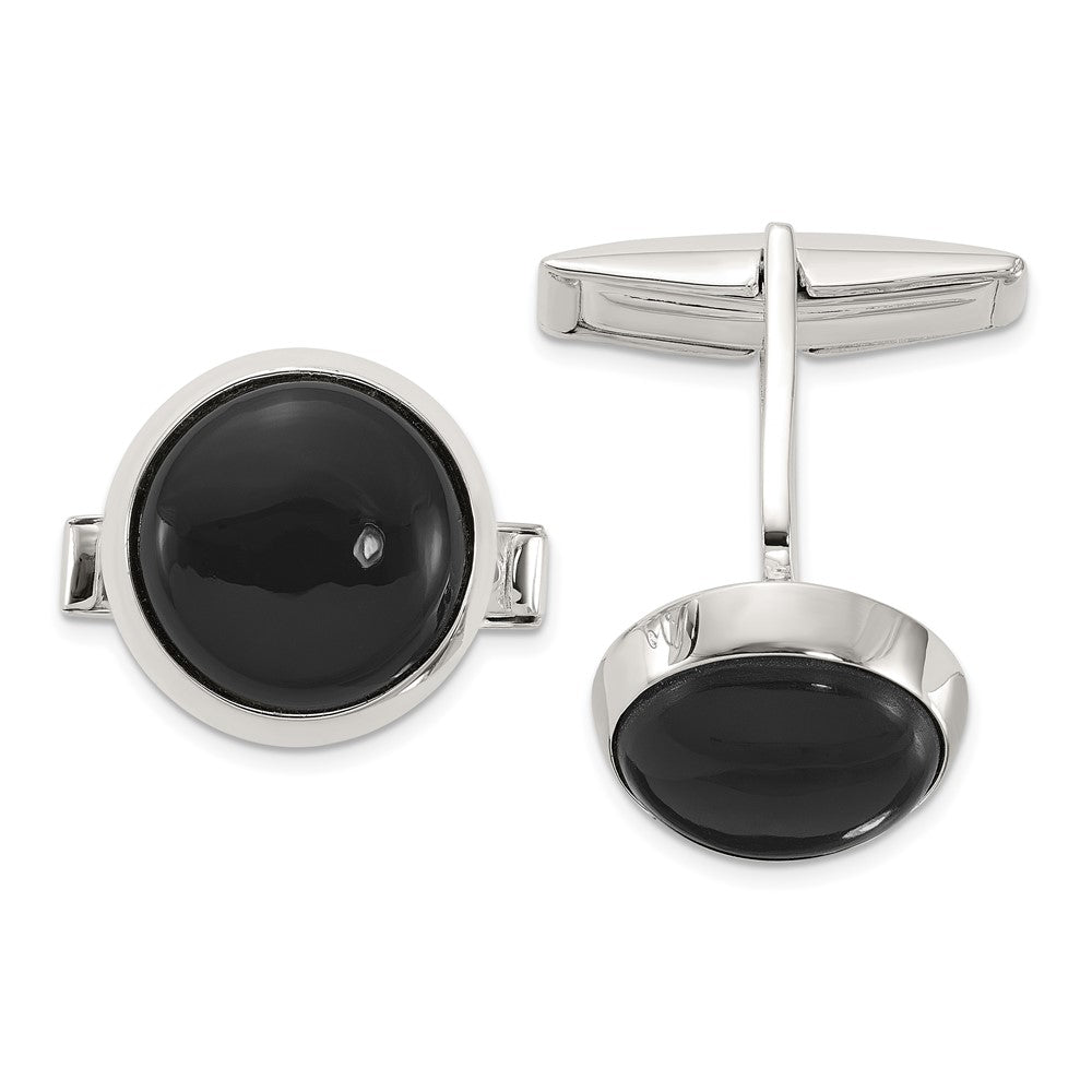 Sterling Silver Polished Round Onyx Cuff Links - 2