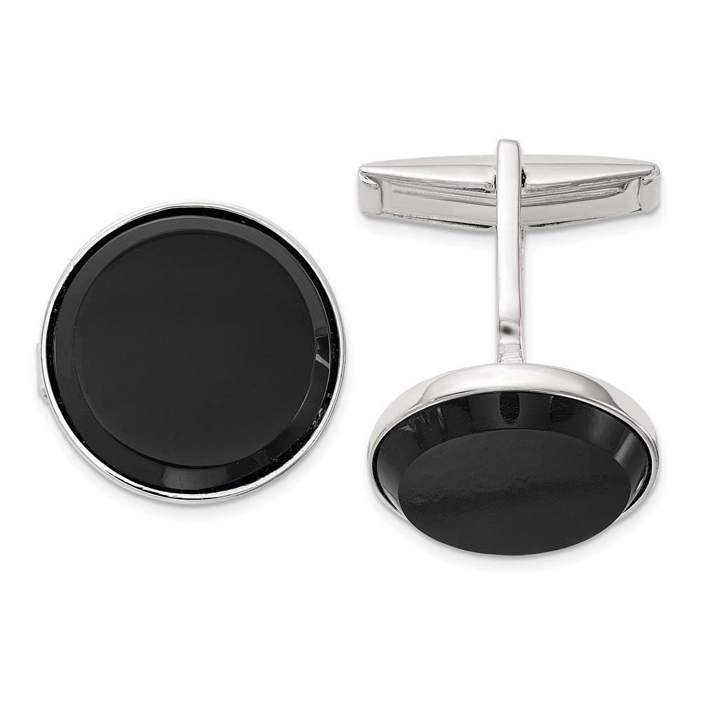 Sterling Silver Polished Round Onyx Cuff Links