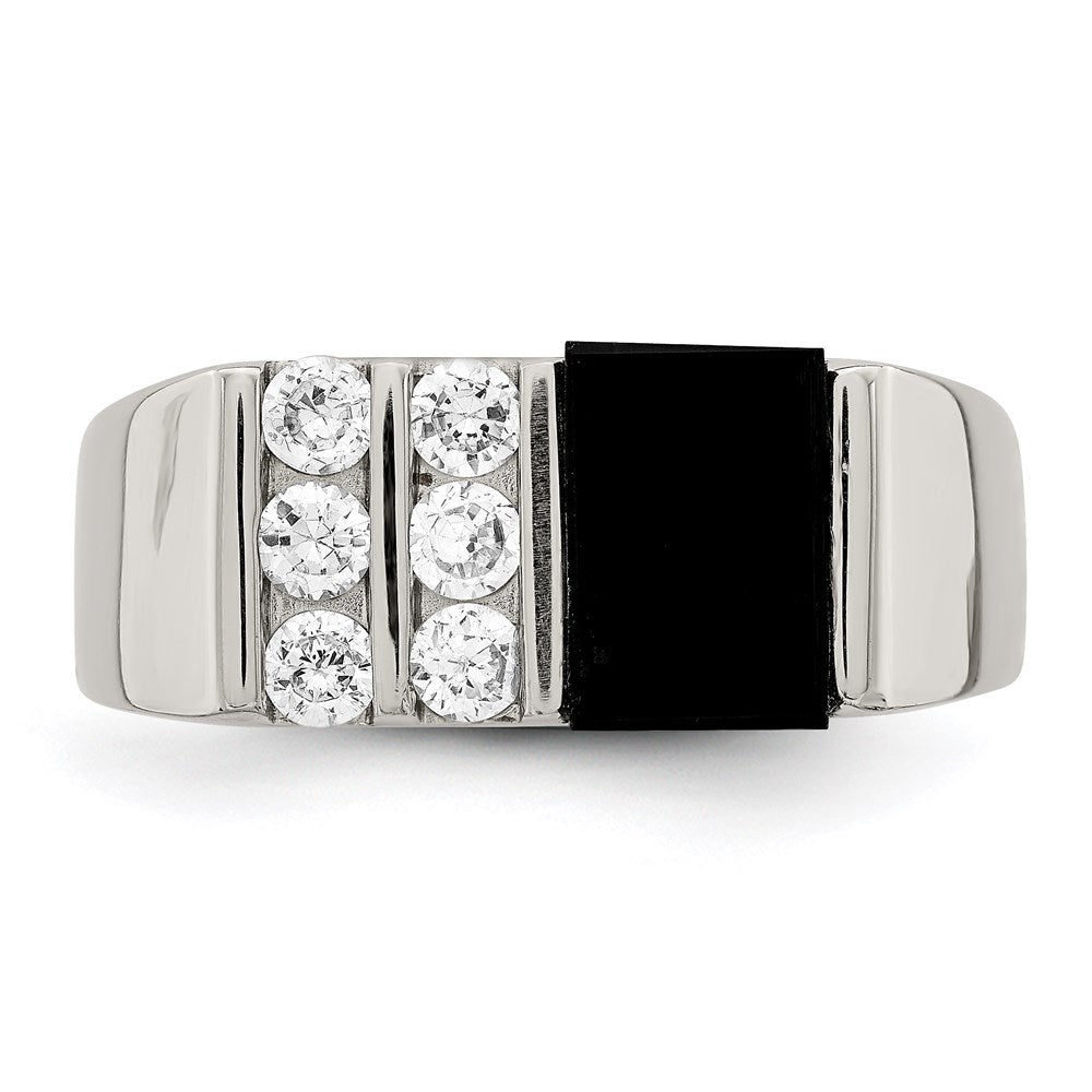 Sterling Silver Rhodium-plated Men's CZ and Onyx Ring - 10