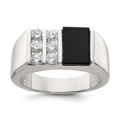 Sterling Silver Rhodium-plated Men's CZ and Onyx Ring - 10