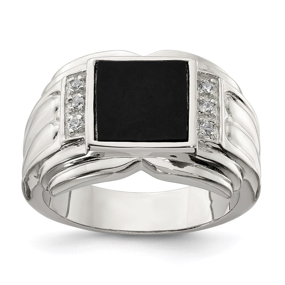 Sterling Silver Rhodium-plated CZ and Onyx Ring - 3