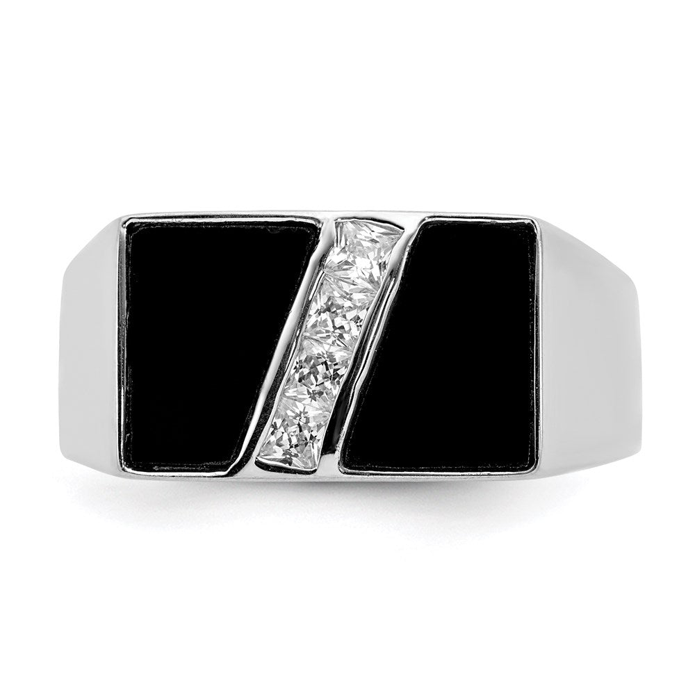 Sterling Silver Rhodium-plated Men's CZ and Onyx Ring - 11