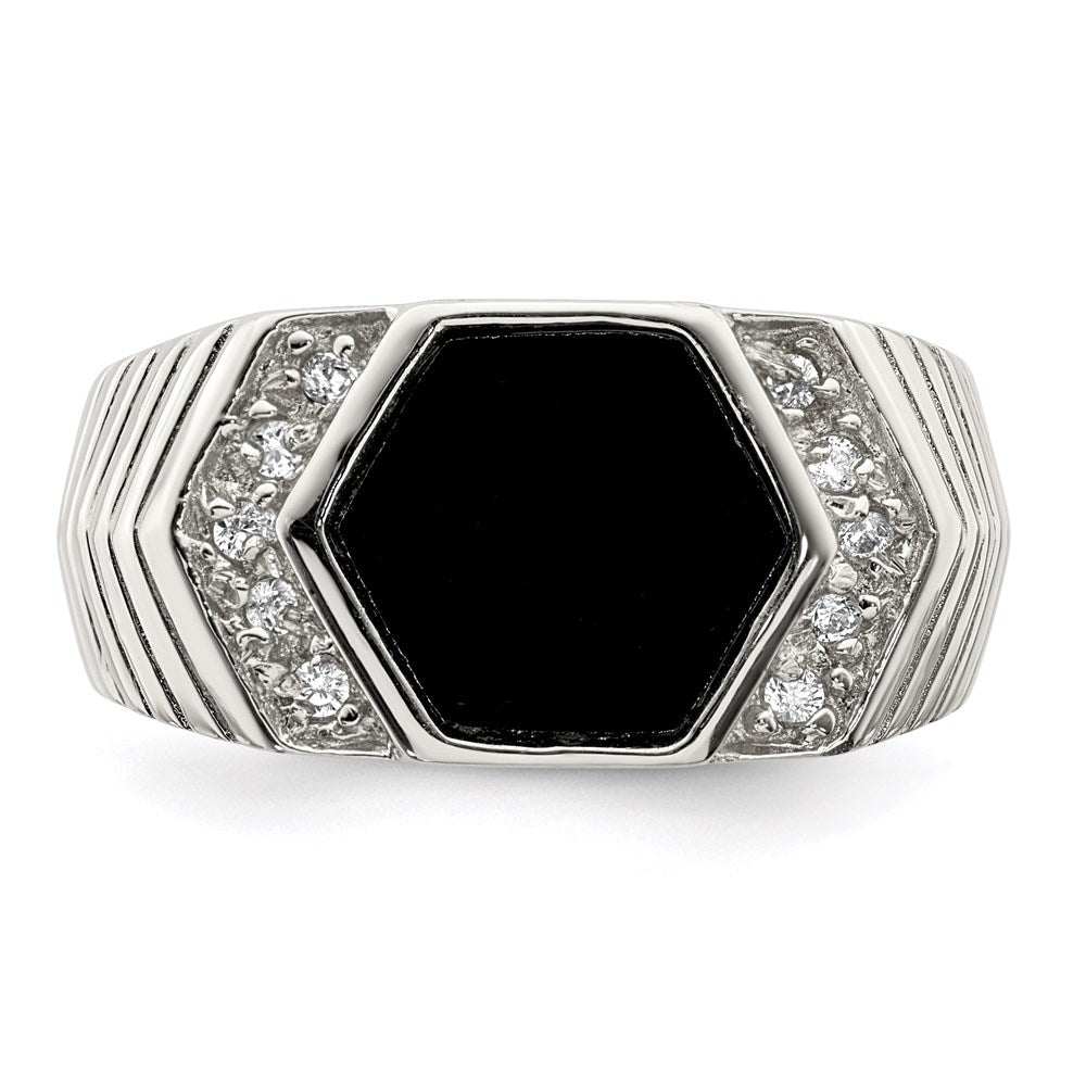 Sterling Silver Rhodium-plated Men's CZ and Onyx Ring - 12