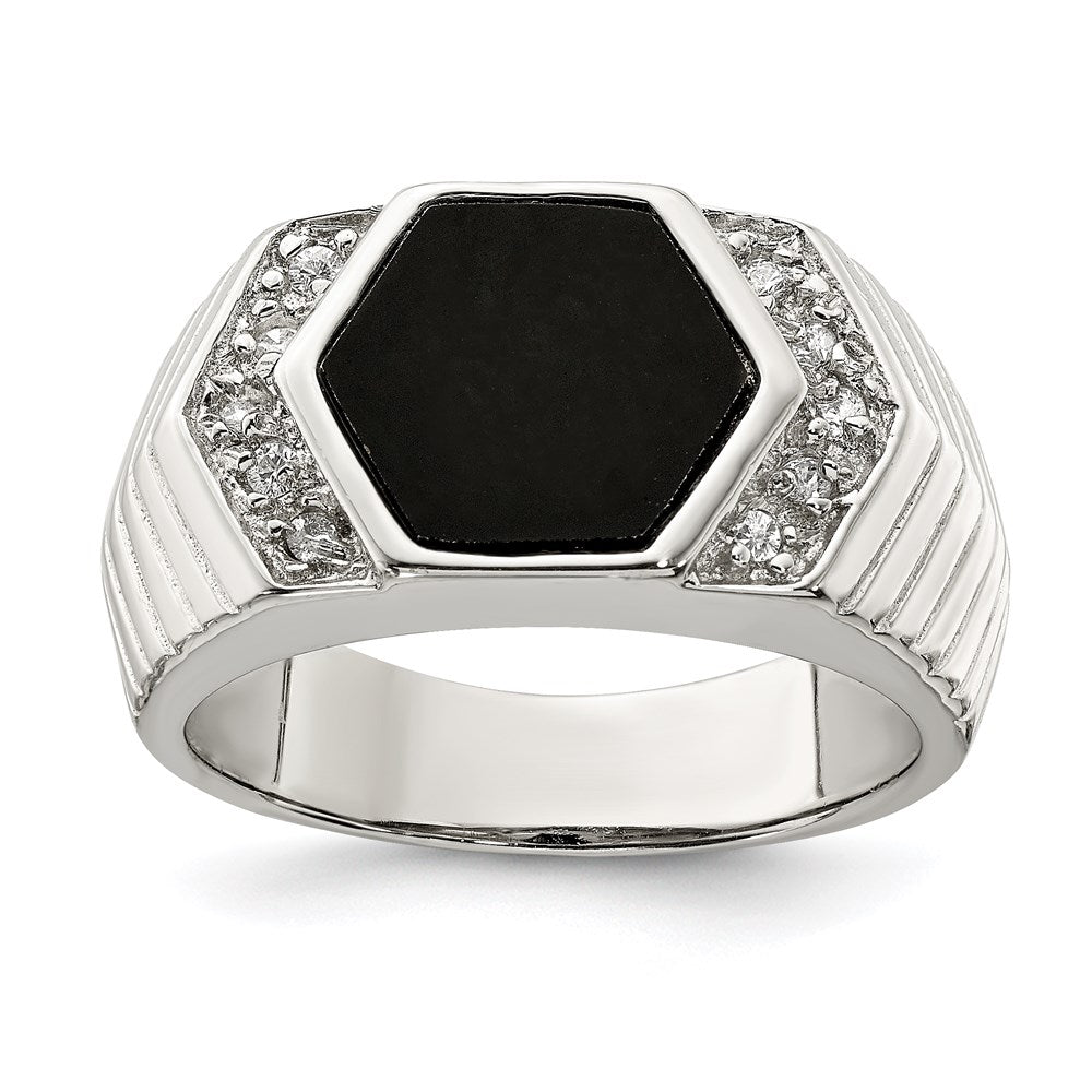 Sterling Silver Rhodium-plated Men's CZ and Onyx Ring - 4