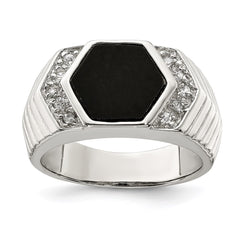 Sterling Silver Rhodium-plated Men's CZ and Onyx Ring - 4