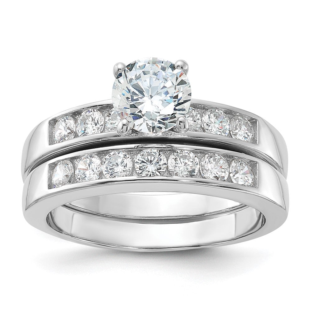 Sterling Silver Rhodium Plated CZ Engagement Ring and CZ Wedding Band Two Piece Set - 8