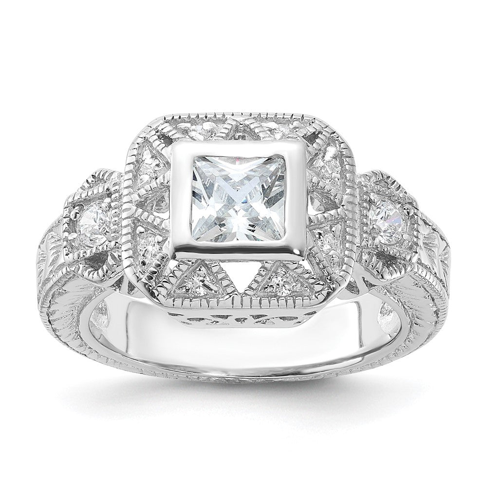 Sterling Silver Rhodium-plated CZ Antique Style Ring - 4