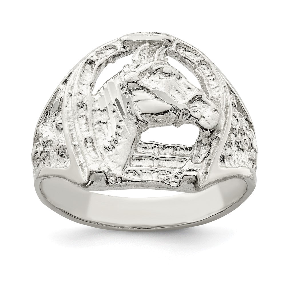 Sterling Silver Horseshoe with Horse Head Ring - 8