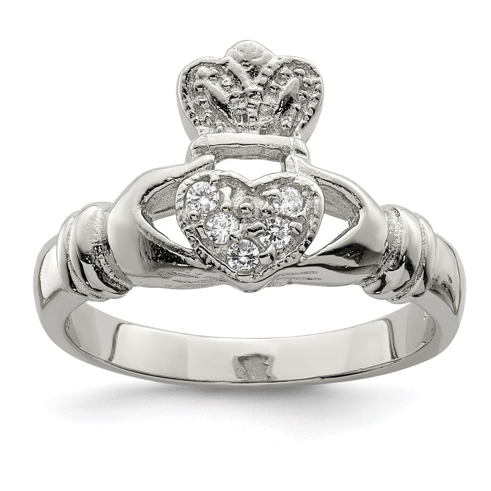 Sterling Silver Rhodium-plated CZ Claddagh Ring - 3
