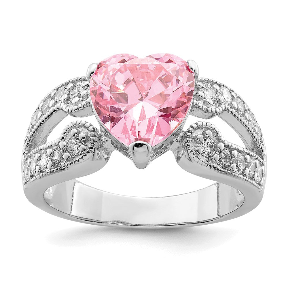 Sterling Silver Rhodium plated 10mm Clear CZ and Pink Heart CZ Ring - 3