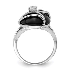 Sterling Silver Rhodium-plated Onyx and CZ Ring - 3