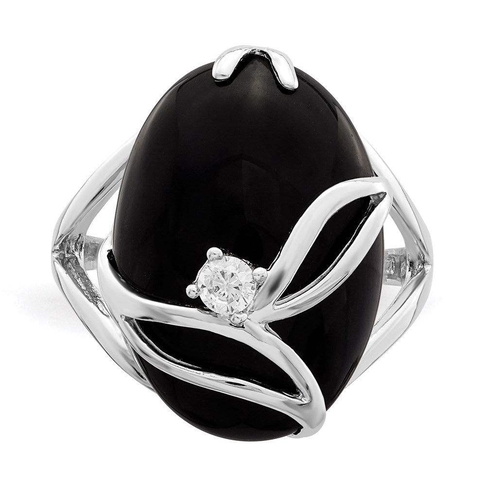 Sterling Silver Rhodium-plated Onyx and CZ Ring - 3