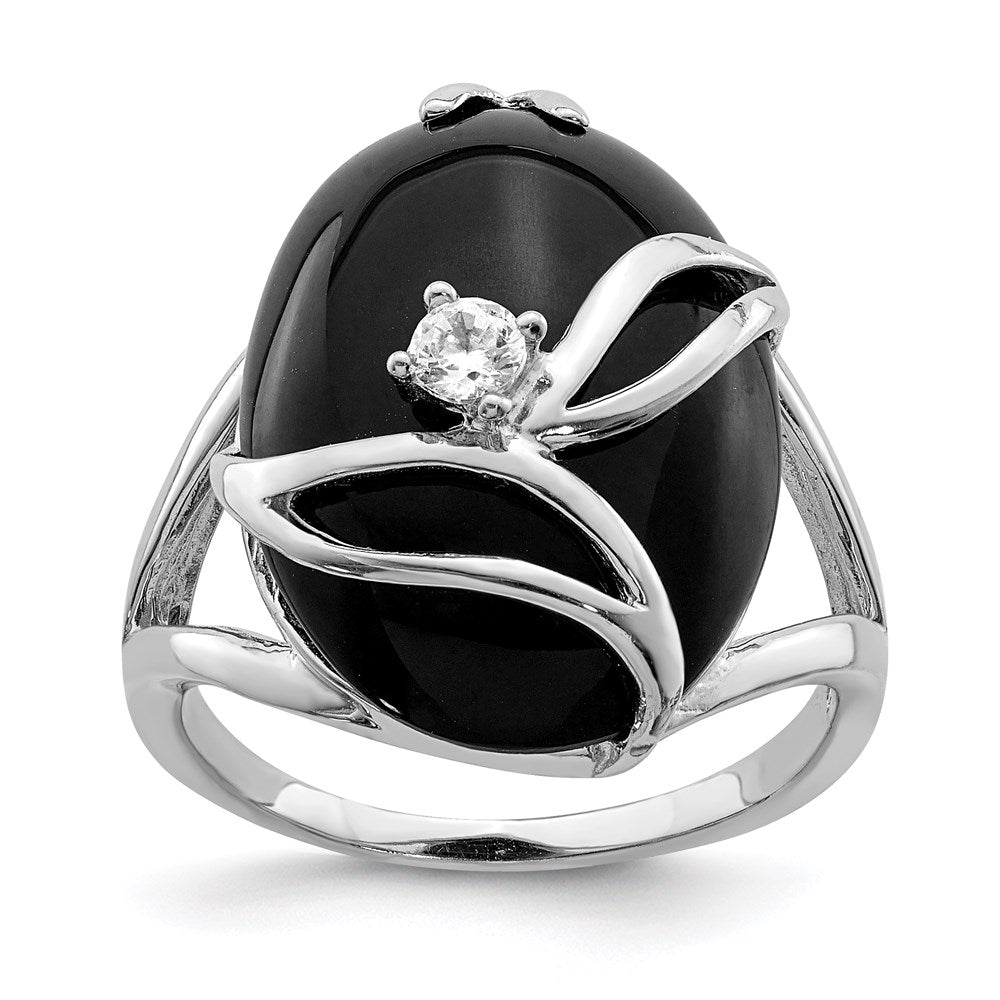 Sterling Silver Rhodium-plated Onyx and CZ Ring - 3