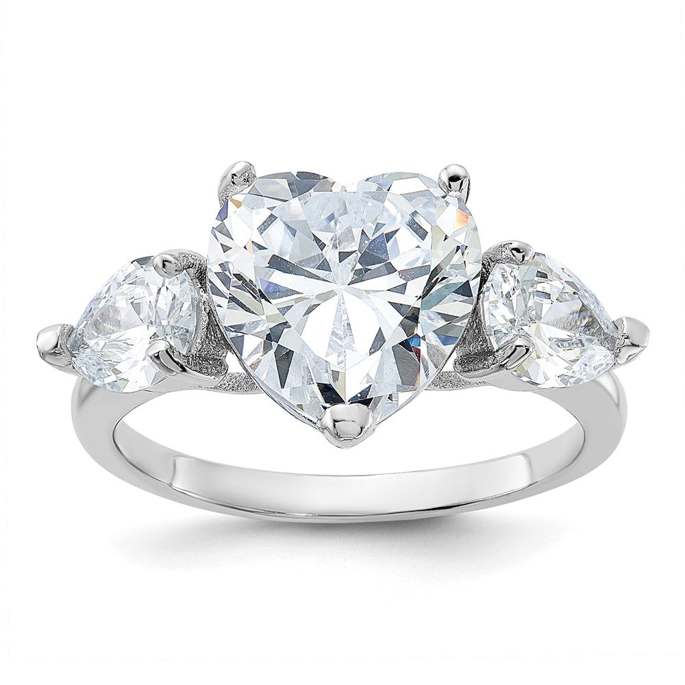 Sterling Silver Rhodium-plated Heart Shape Center CZ 3-Stone Ring - 3