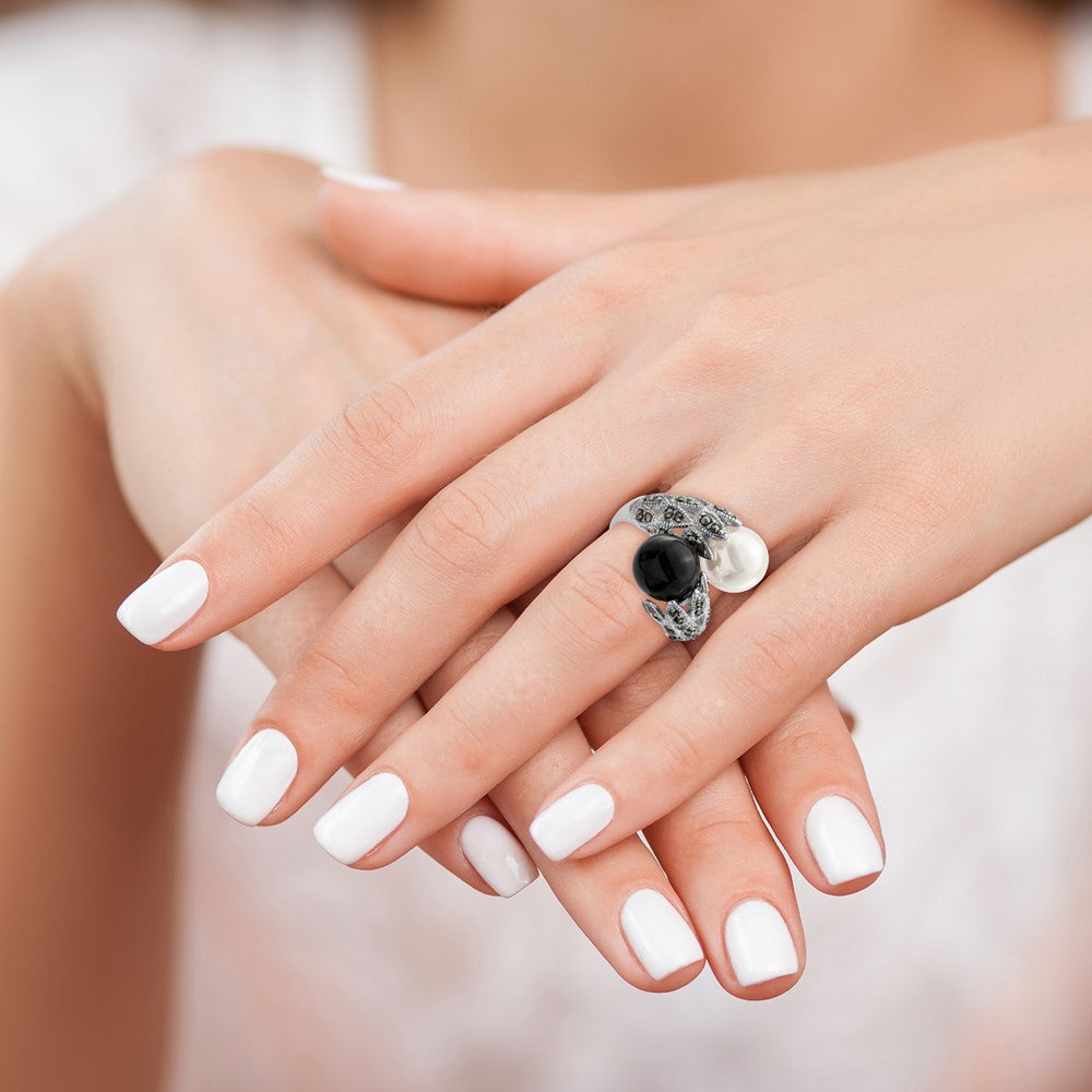 Sterling Silver Rhodium-plated Black and White Plastic Imitation Pearl Marcasite Ring - 2