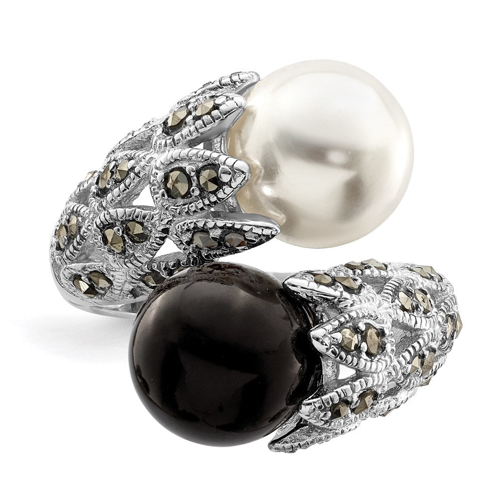 Sterling Silver Rhodium-plated Black and White Plastic Imitation Pearl Marcasite Ring - 3