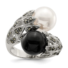 Sterling Silver Rhodium-plated Black and White Plastic Imitation Pearl Marcasite Ring - 3