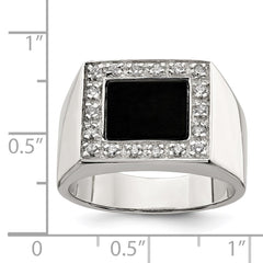 Sterling Silver Rhodium-plated Men's CZ & Onyx Ring - 5