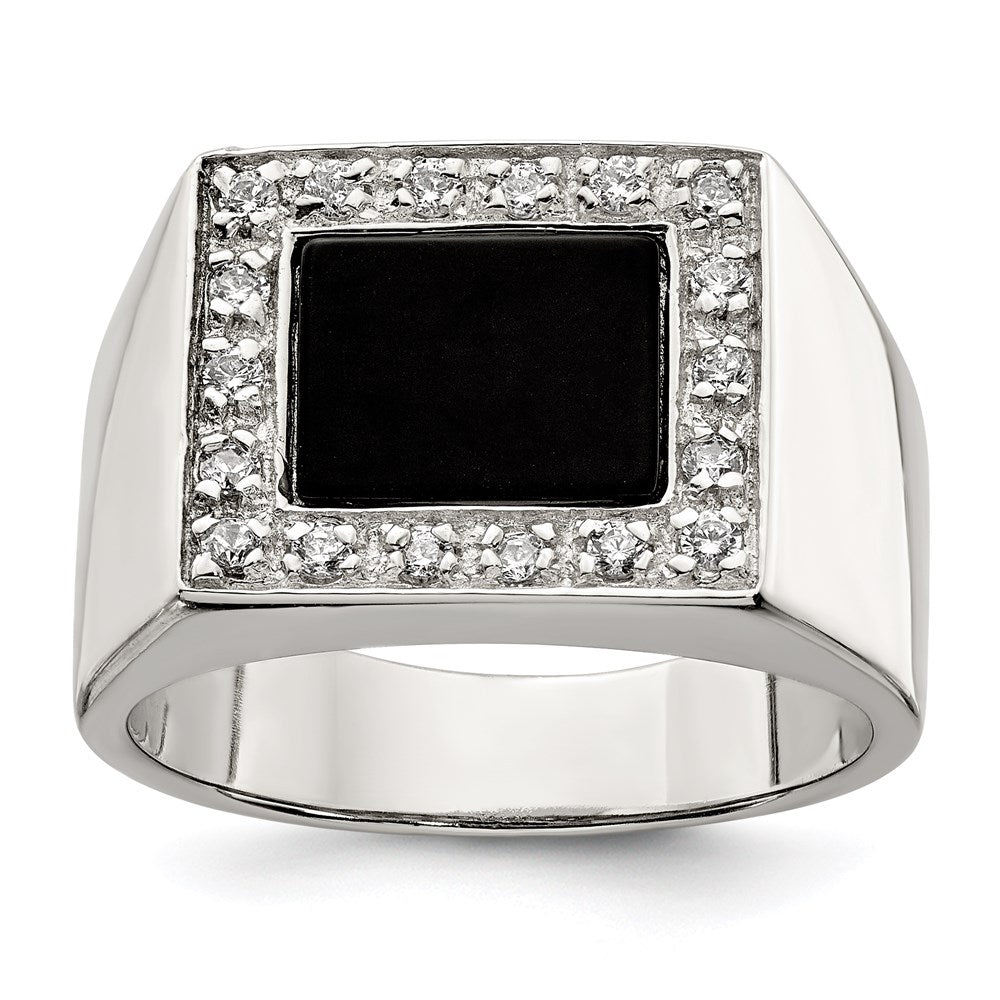 Sterling Silver Rhodium-plated Men's CZ & Onyx Ring - 5