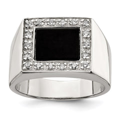 Sterling Silver Rhodium-plated Men's CZ & Onyx Ring - 5