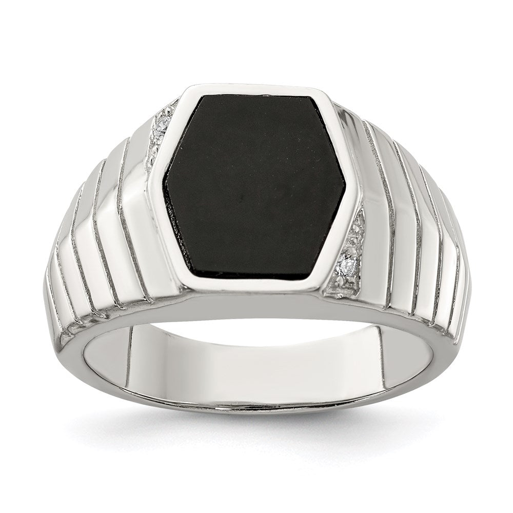 Sterling Silver Rhodium-plated Men's CZ & Onyx Ring - 6