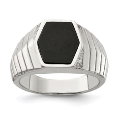 Sterling Silver Rhodium-plated Men's CZ & Onyx Ring - 6