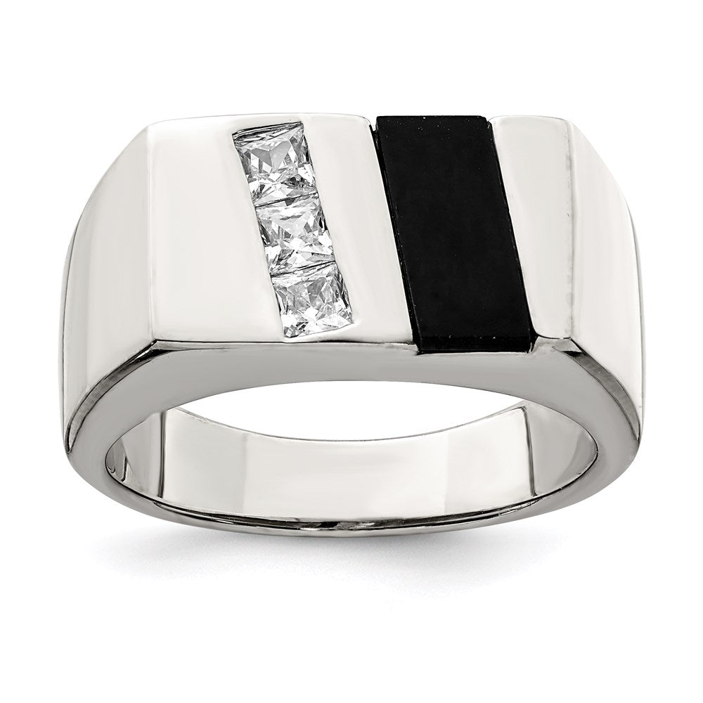 Sterling Silver Rhodium-plated Men's CZ and Onyx Ring - 5