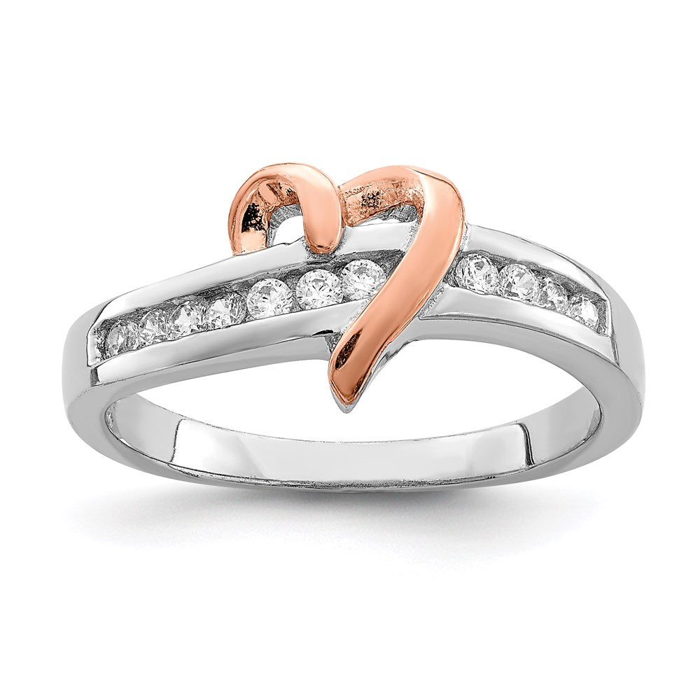 Sterling Silver Rhodium-plated Vermeil Polished Heart CZ Ring - 3