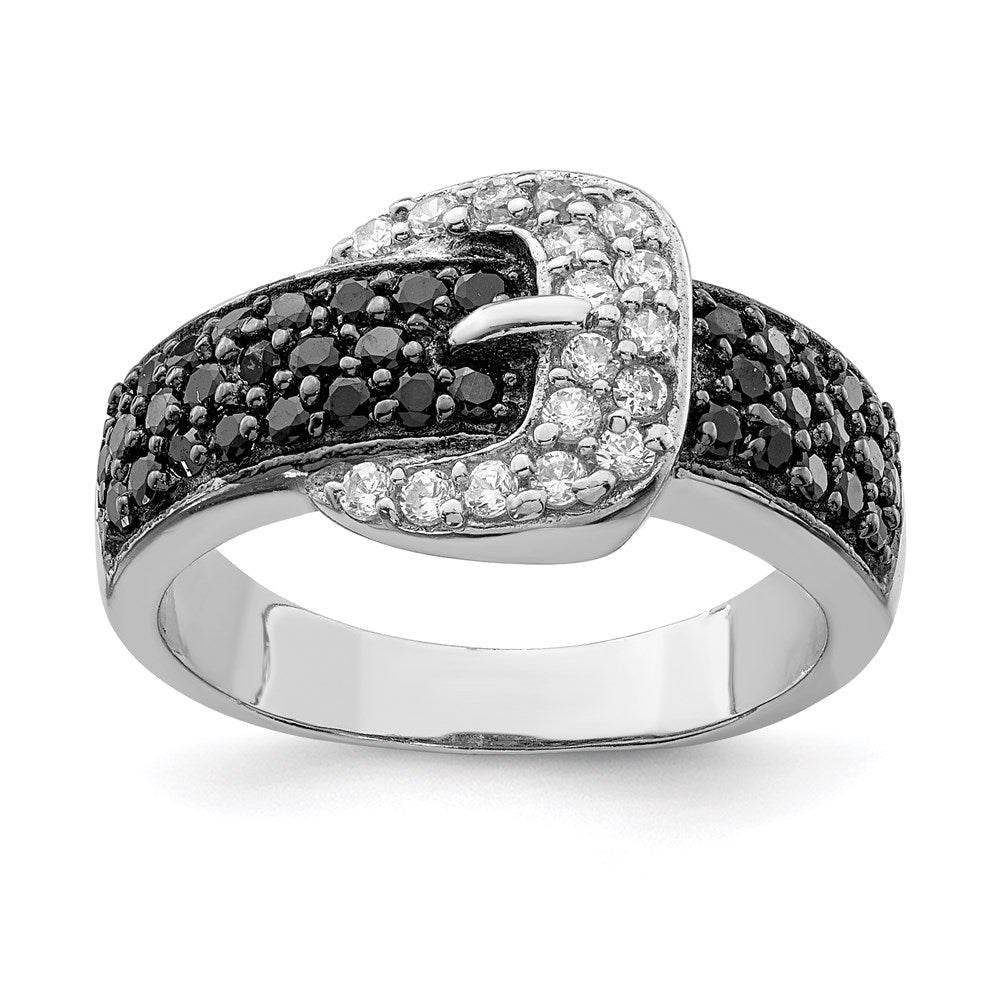 Sterling Silver Rhodium Black and Clear CZ Buckle Ring - 2