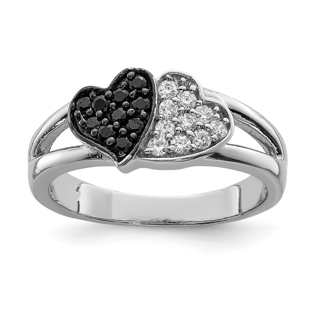 Sterling Silver Rhodium Clear & Black CZ Hearts Ring - 3