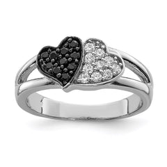 Sterling Silver Rhodium Clear & Black CZ Hearts Ring - 3