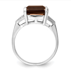Sterling Silver Rhodium Smoky Quartz & Diamond Ring - 8