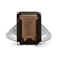 Sterling Silver Rhodium Smoky Quartz & Diamond Ring - 8